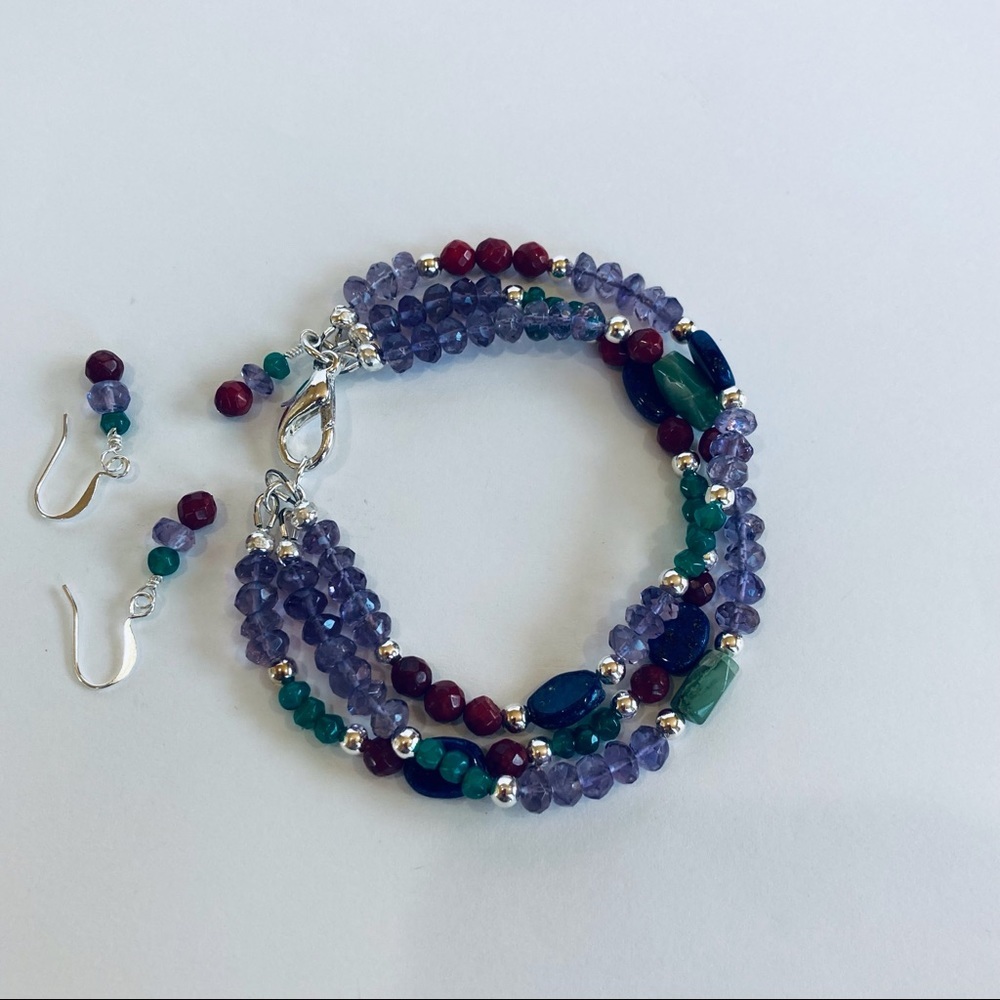 HAND CRAFTED BRACELET & EARRINGS Lapis Lazuli Aventurine Coral Amethyst NWT - Picture 3 of 8